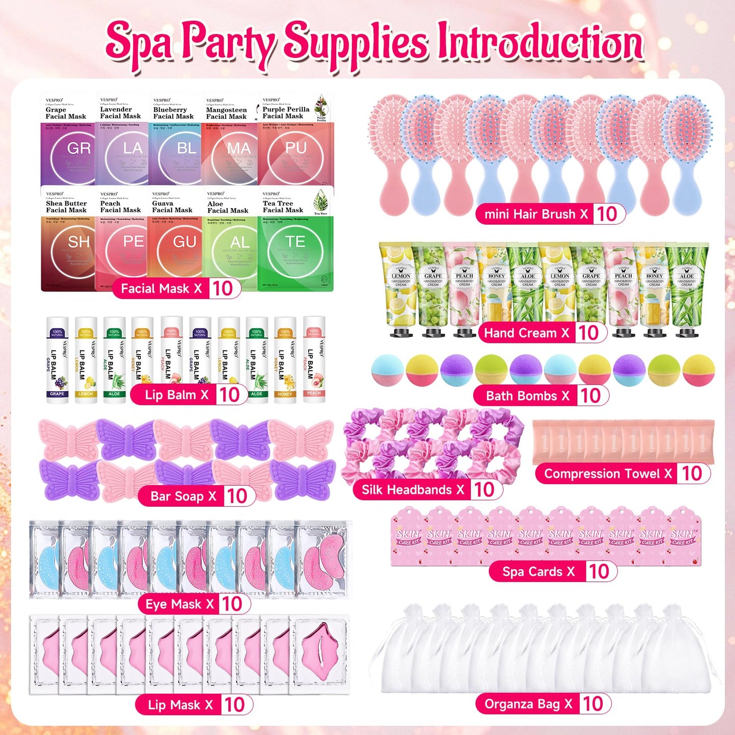 VESPRO 110PCS Spa Party Supplies for Girls Spa Party Favors Include Face Masks Skincare,Hand Cream,Lip Balm,Eye Patches,Lip Mask,mini Hair Brush, Stocking Stuffers for teen Girls，Sleepover Party gifts