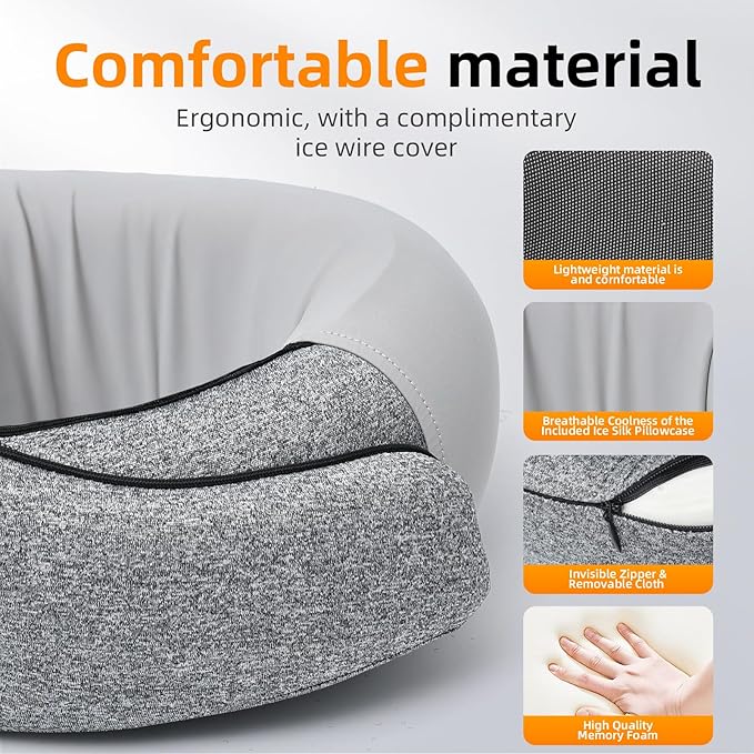Travel Pillows for Airplanes, 100% Pure Memory Foam Neck Pillow with Alternative Cooling Ice Silk Cover, Ergonomic Support, Washable Cover, Eye Mask, Earplugs, Neck Pillow for Flight Trips