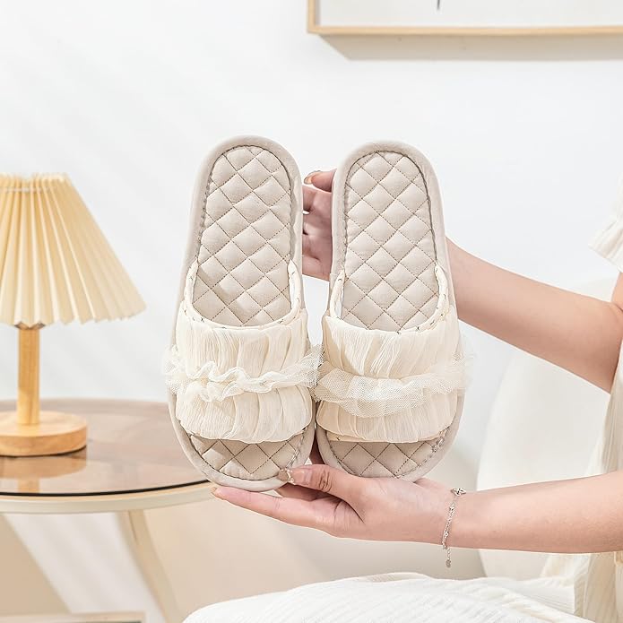 3 Pairs Floral Cotton House Slippers for Women, Open Toe Indoor Slippers Comfortable Washable Portable Foldable Guest Travel Hotel Airplane Spa Slippers