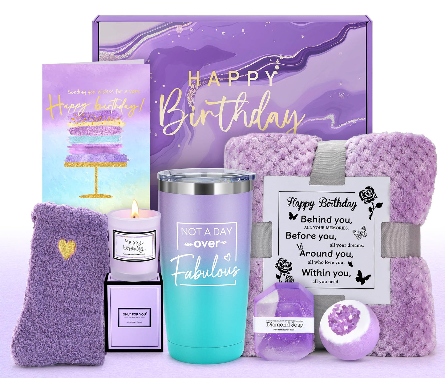 Birthday Gifts for Women Happy Birthday Purple Gift Baskets for Woman Unique Gift Sets for Women Gifts Box for Woman Friendship Mom Sister Best Friend Female Her