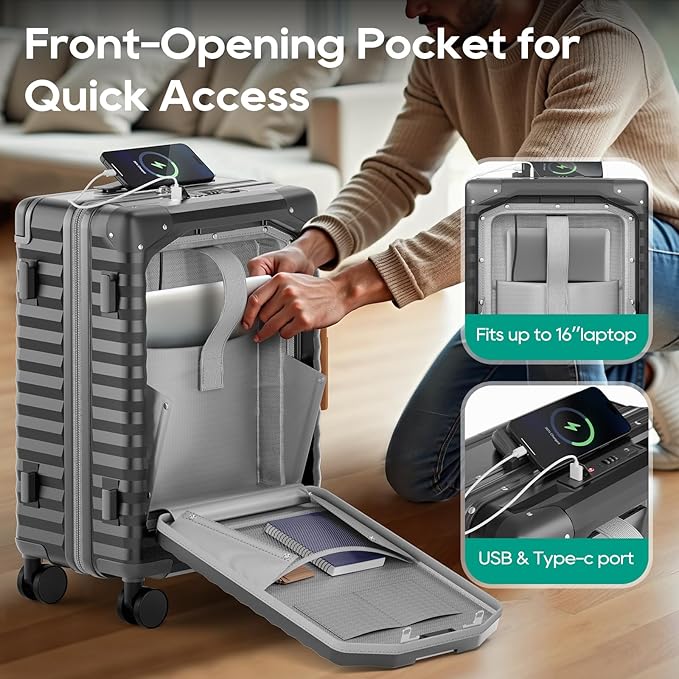 Joyway 20 Inch Carry on Luggage with Front Pocket, PC Hardshell Carry-on Suitcase with USB Port and Cup Holder, 21.5x14.2x9 Airline Approved, Luggage with Spinner Wheels and TSA Lock (Grey)