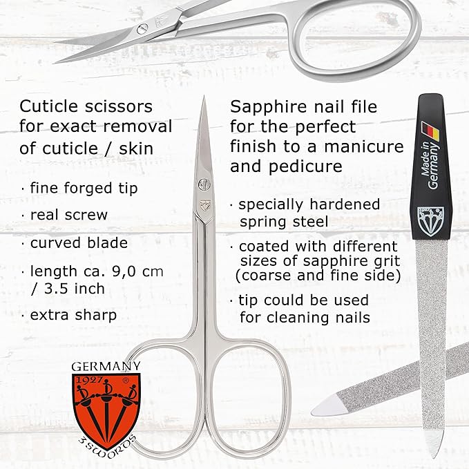 3 Swords Germany - Brand Quality 6 Piece Manicure Pedicure Grooming kit Set - Scissors, Metal and Glass Nail File, Clipper, Tweezers with Synthetic Leather case - red