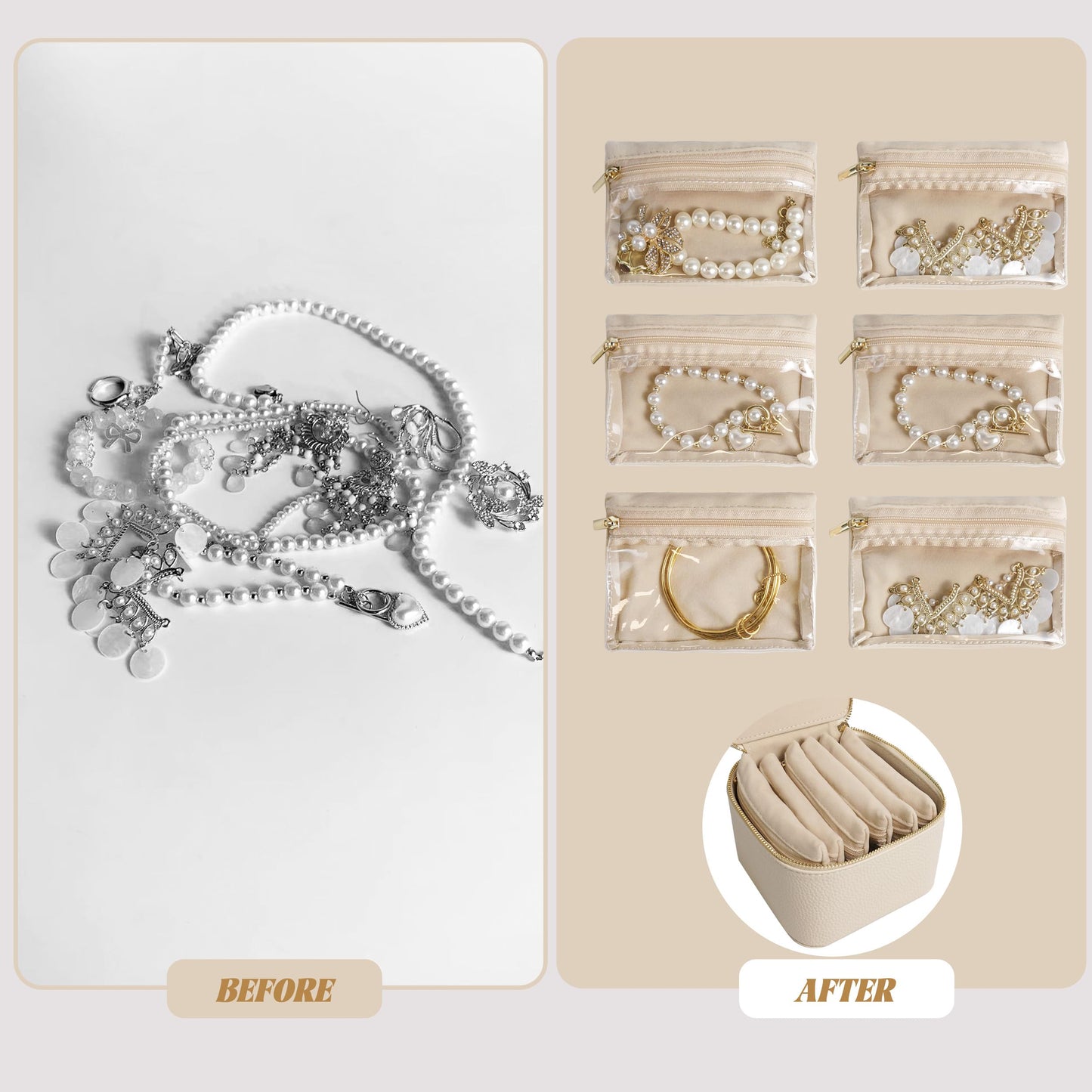 WATANIYA HOME Travel Jewelry Case, Small Travel Jewelry Box with 6 Velvet Jewelry Bag Mini Pouch, Portable Travel Jewelry Organizer for Rings Earrings Necklaces, Beauty Gifts for Women Girls (Beige)