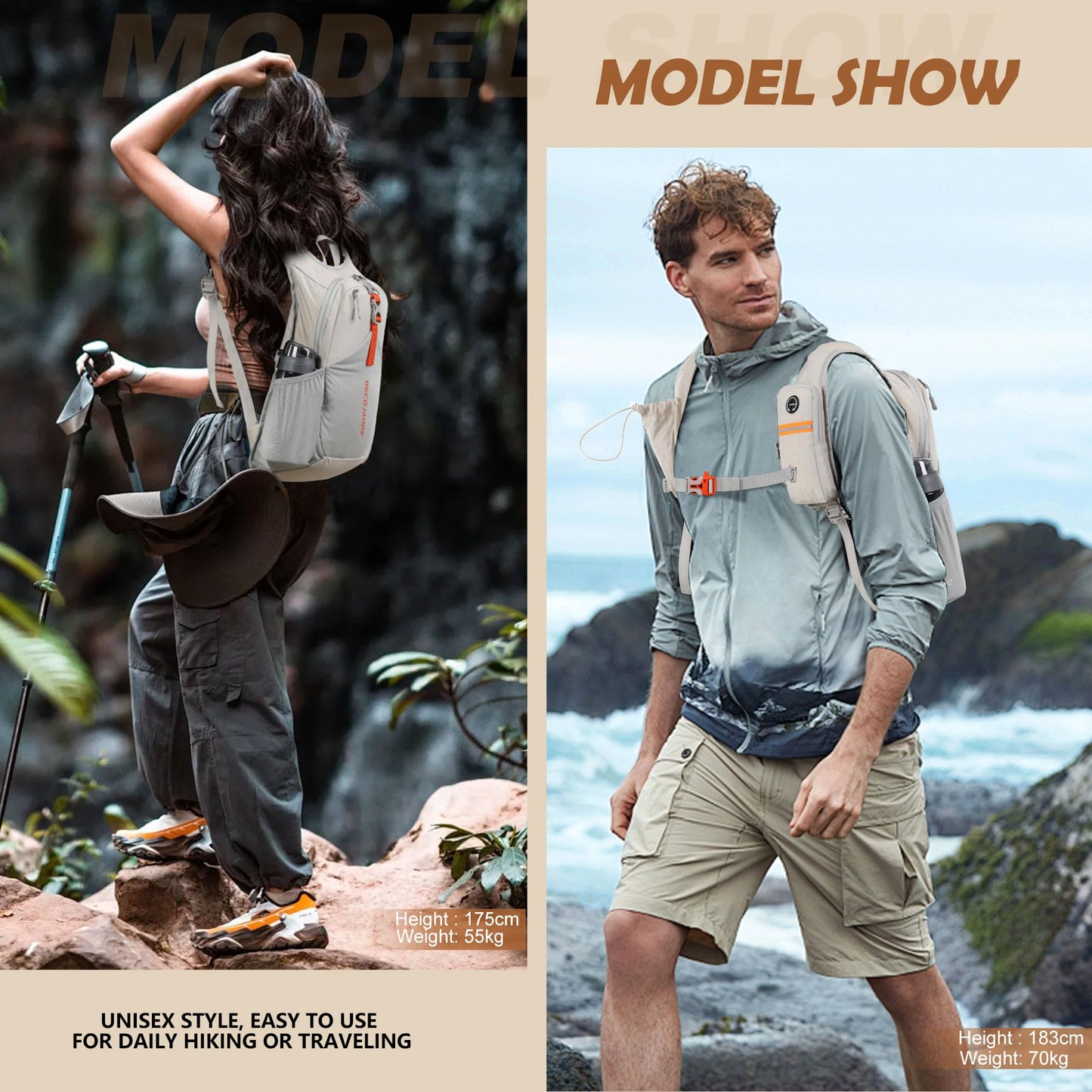 BECOJADDE 15L Small Hiking Backpack for Men Women Foldable Packable Back Pack Ultralight Hiking Daypack for Travel Camping Outdoor, Beige