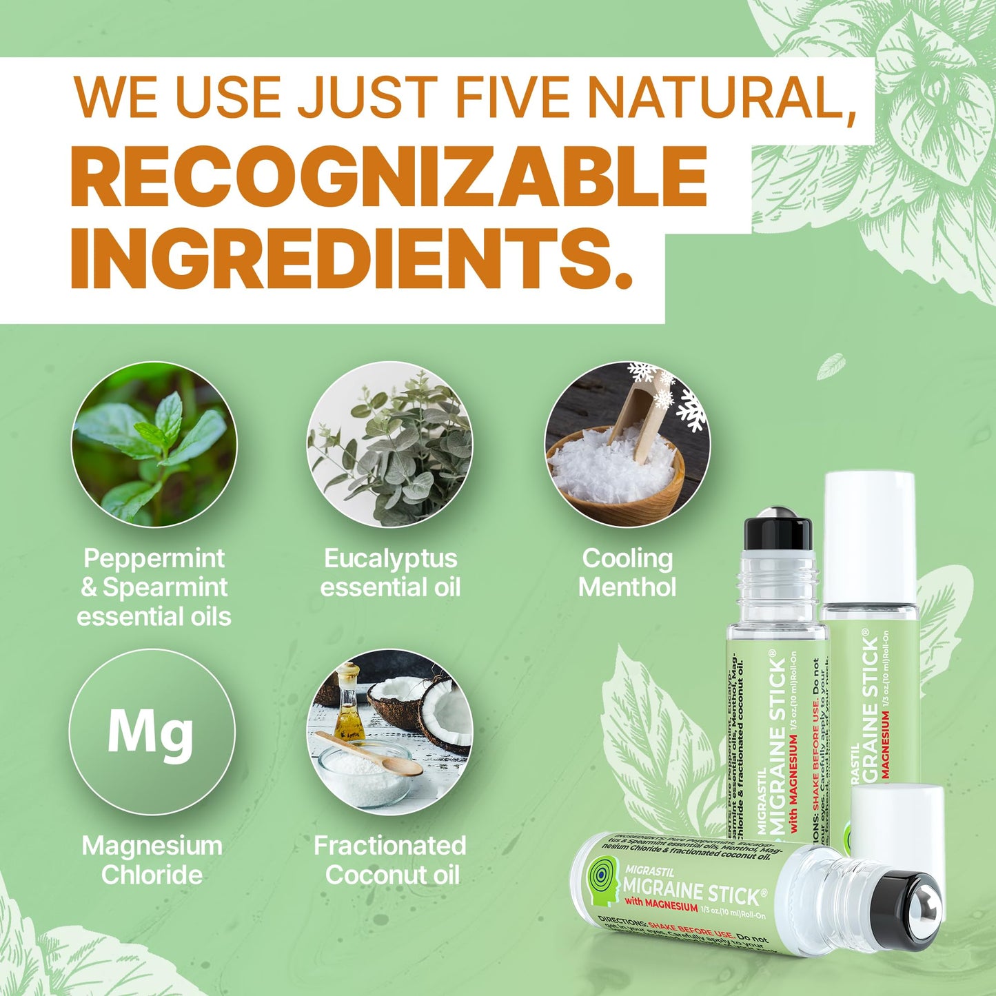 MIGRASTIL Migraine Stick with Magnesium Cooling Peppermint Eucalyptus Essential Oil Topical Magnesium for Headache Support. Made in The USA 10 ml