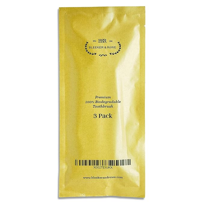Bleeker and Rowe Biodegradable Eco-Friendly Toothbrushes - Individually Sealed - BPA Free Soft Bristles - Sustainable - Recycled Packaging (Pack of 3)
