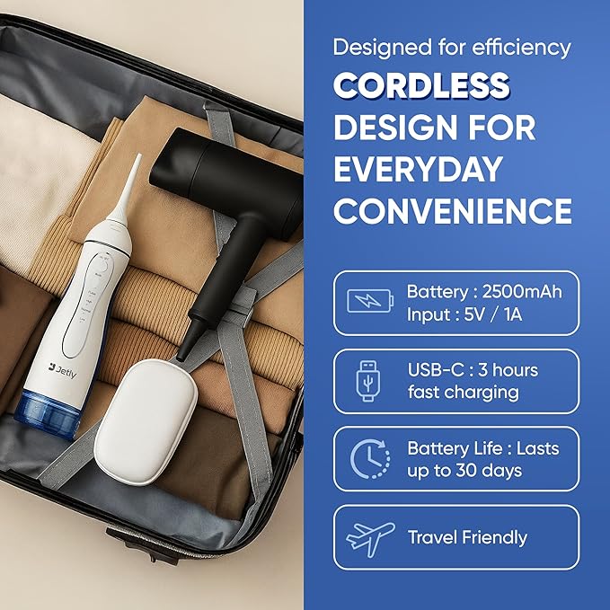 JETLY Water Dental Flosser Teeth Pick Cleaner: Travel Cordless Oral Irrigator 300ML Capacity Portable Rechargeable IPX7 Waterproof Electric Flossing Machine for Teeth Cleaning (White)