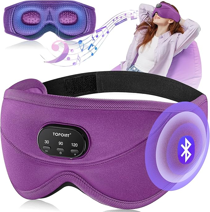 TOPOINT Sleep Mask with Bluetooth Headphones, 3D Eye Mask for Sleep Headphones with White Noise, Total Blackout, 5.4 Bluetooth, Timer, 15 Hours for Women Men, Travel, Meditation, Nap, CPAP Users