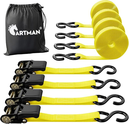 Cartman Ratchet Tie Down, 4Pk 15Ft, 500Lbs Load Cap/ 1500Lbs Break Strength, Cargo Straps for Moving Appliances, Lawn Equipment, Motorcycle in a Truck, with Carry Bag