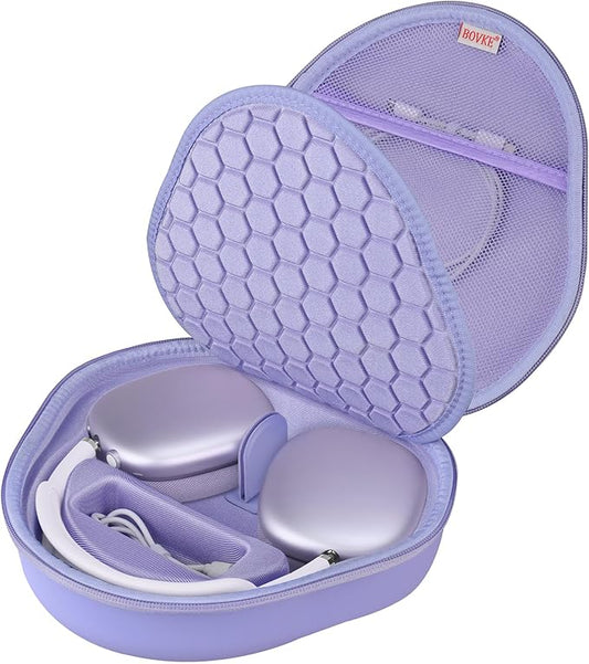BOVKE Hard Carrying Case with Sleep Mode for Apple AirPods Max Wireless Over-Ear Headphones, AirPods Max Protective Portable Storage Bag with Mesh Pocket for USB-C Charging Cables Accessories, Purple