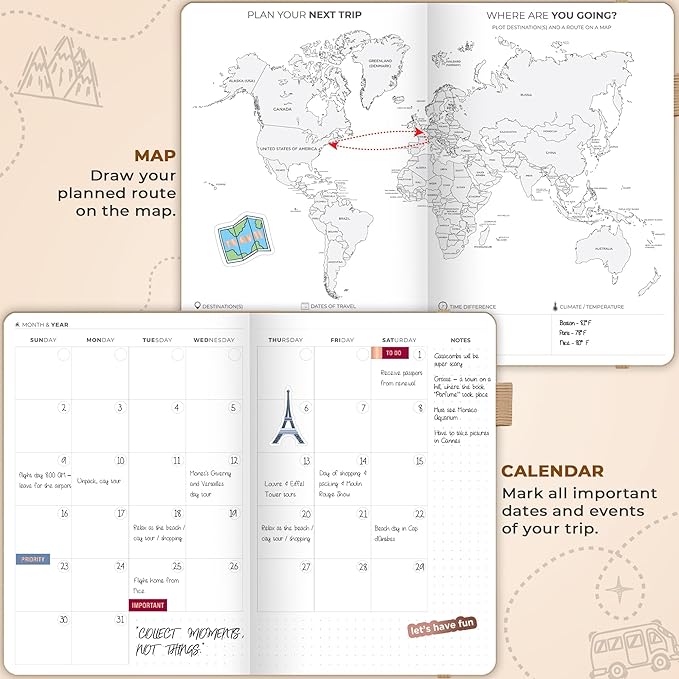 Clever Fox Travel Journal – Vacation & Trip Organizer with Budget Plan, Packing List, Travelling Expense Tracker, A5 (Sandstone)