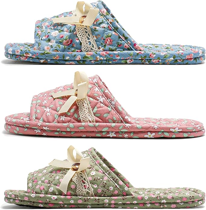 3 Pairs Floral Cotton House Slippers for Women, Open Toe Indoor Slippers Comfortable Washable Portable Foldable Guest Travel Hotel Airplane Spa Slippers