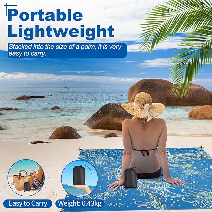 Beach Blanket Waterproof Sandproof, Extra Large Beach Mat, Oversized Picnic Blankets 71 * 87inches, Quick Drying, Lightweight Beach Mat for Camping, Traval, Festivals