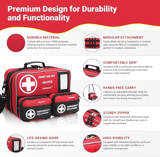 520 Piece Large First Aid Kit – Emergency Survival Kit for Car, Home, Camping, and Travel – Compact Medical Kit for Roadside Emergencies, Outdoor Adventures, and Everyday Safety