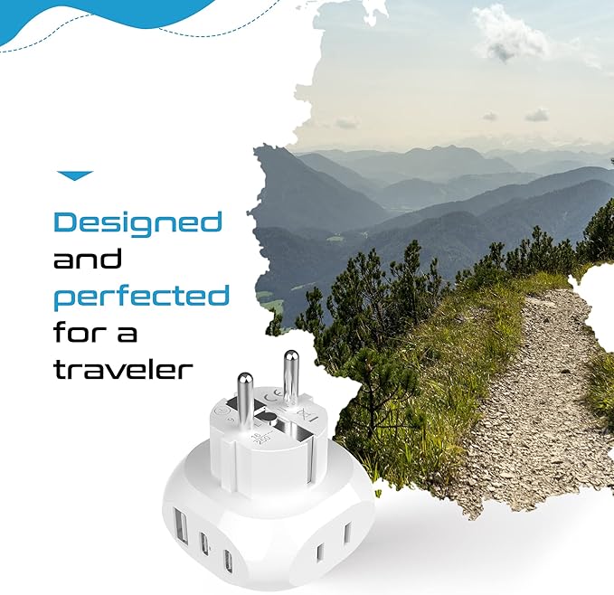 Ceptics European Schuko Travel Adapter - 5 Input with 20W PD-QC 3.1A Dual USB-C and USB - Ultra Compact - Light Weight - USA to Type E/F Countries Such as Germany, France and More (PTU-9), White