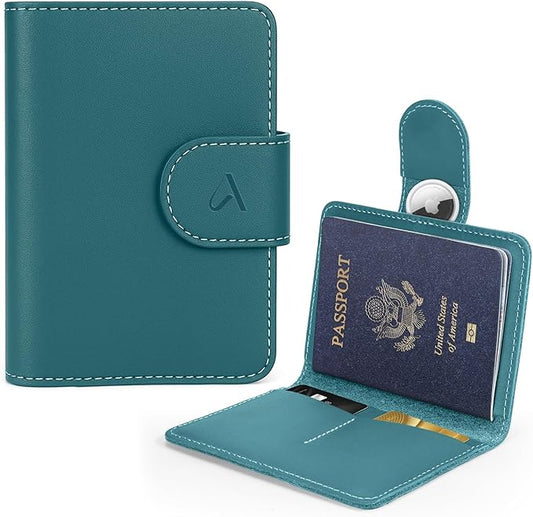 ALLIVE Rfid Passport Holder for Travel, Women & Men, Passport Cover Wallet with AirTag Hidden, Genuine Leather Passport Holder Essential for Business Travel, Airport Security (Lake Blue)