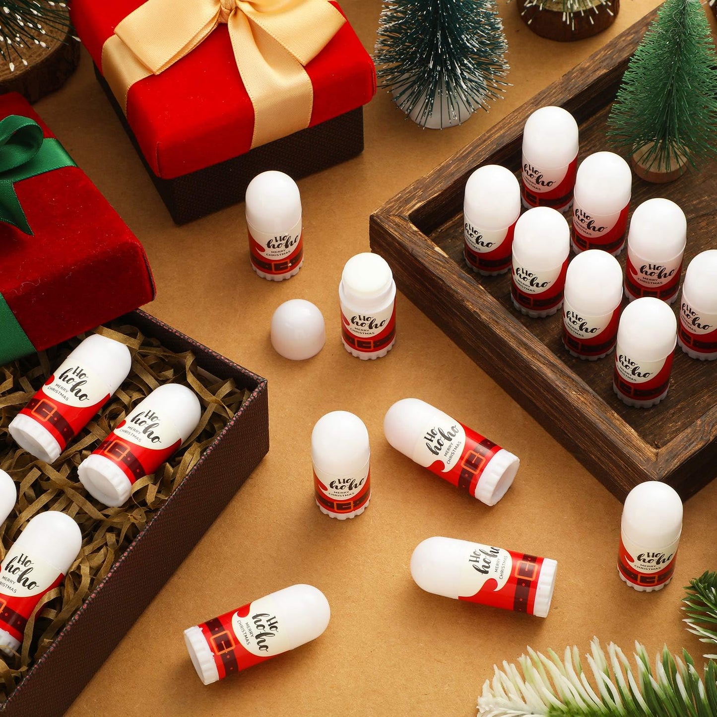 Swiffen 50 Pcs Christmas Mini Lip Balm Pack Thank You Gifts Moisturizer Assorted Flavors Beeswax Natural Ingredients Dry Chapped Lip Care Products for Coworkers Women Friend Men(Santa Claus)