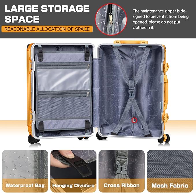 AnyZip Luggage Aluminium Frame Suitcase PC ABS Hard Shell TSA Lock No Zipper 24In Orange