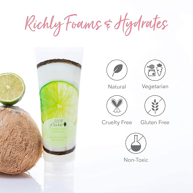 100% PURE Coconut Lime Shower Gel Natural Foaming & Hydrating Body Wash - Deeply Moisturizing Gentle Soap Cleanser for All Skin Types, Even Sensitive - Gluten-Free - 8 Fl Oz