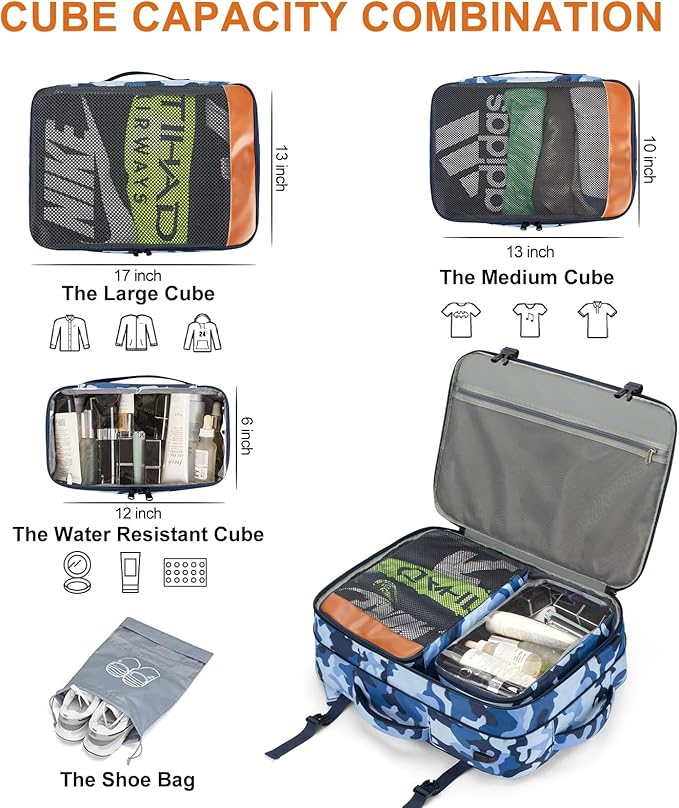 Carry on Travel Backpacks, Extra Large 40L Flight Approved Bag for Men & Women,Expandable Suitcase Backpack With 4 Packing Cubes,Water Resistant Luggage Daypack Business Weekender Bag,Camouflage Blue