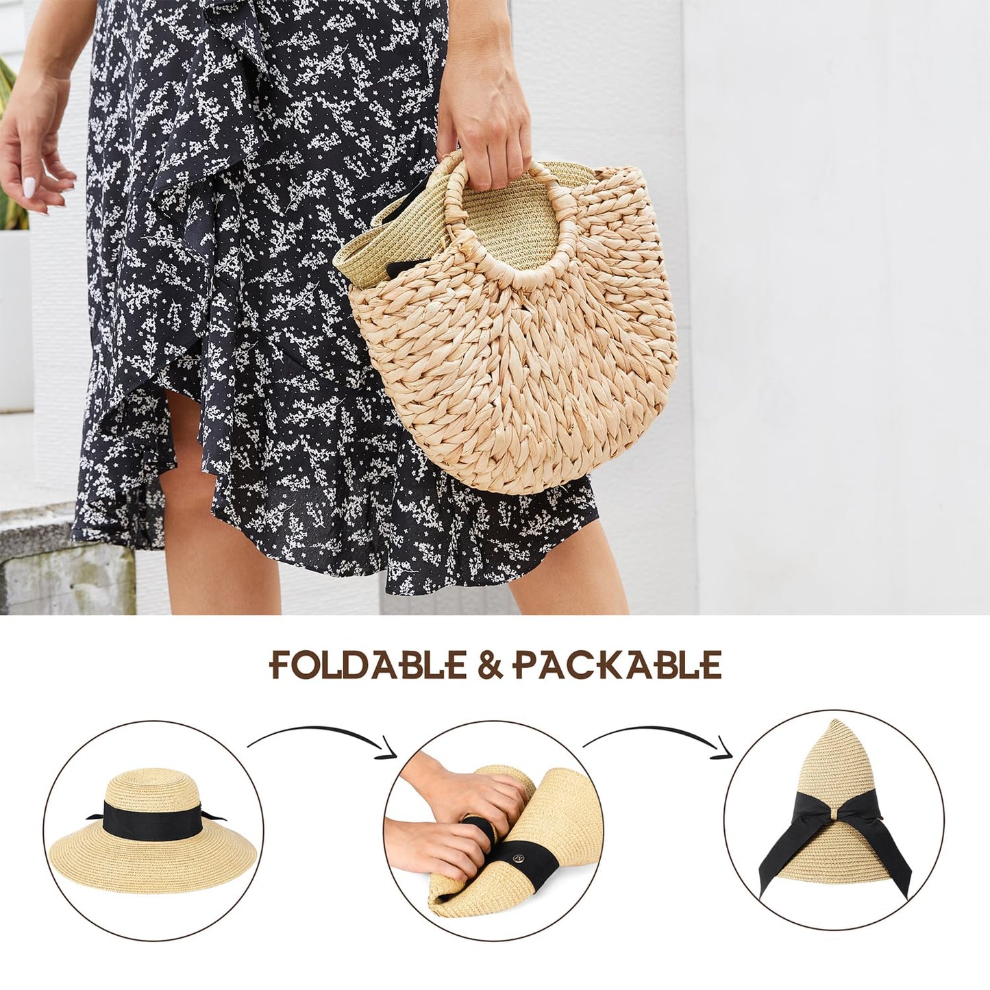 Womens Beach Sun Straw Hat - UV Protection UPF 50+ Sun Hats for Women with Wide Brim, Foldable Floppy Straw Beach Hat for Women