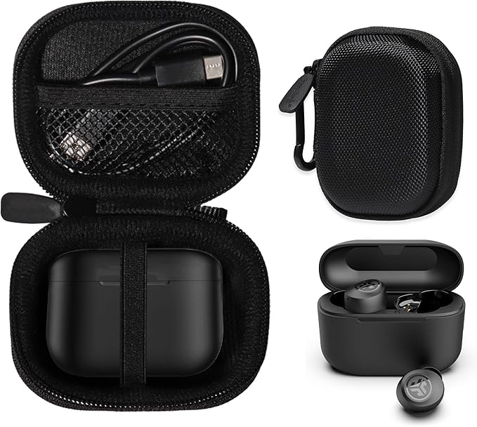 CaseSack Case for JLab Go Pop+,Go Air Pop, Air, Air Tones+/ Tones, JBuds Mini True Wireless Earbuds, Compact Organizer for The Charger case and Charger Cord (Black)
