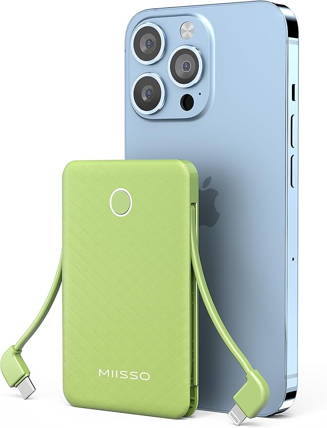 6000mah Ultra Slim Built in Cables Power Bank, Card Size Built in USB C Cords Battery Pack Portable Charger for Phones, 3 Output External Battery Pack Compatible with iPhone, Samsung, Deep Green