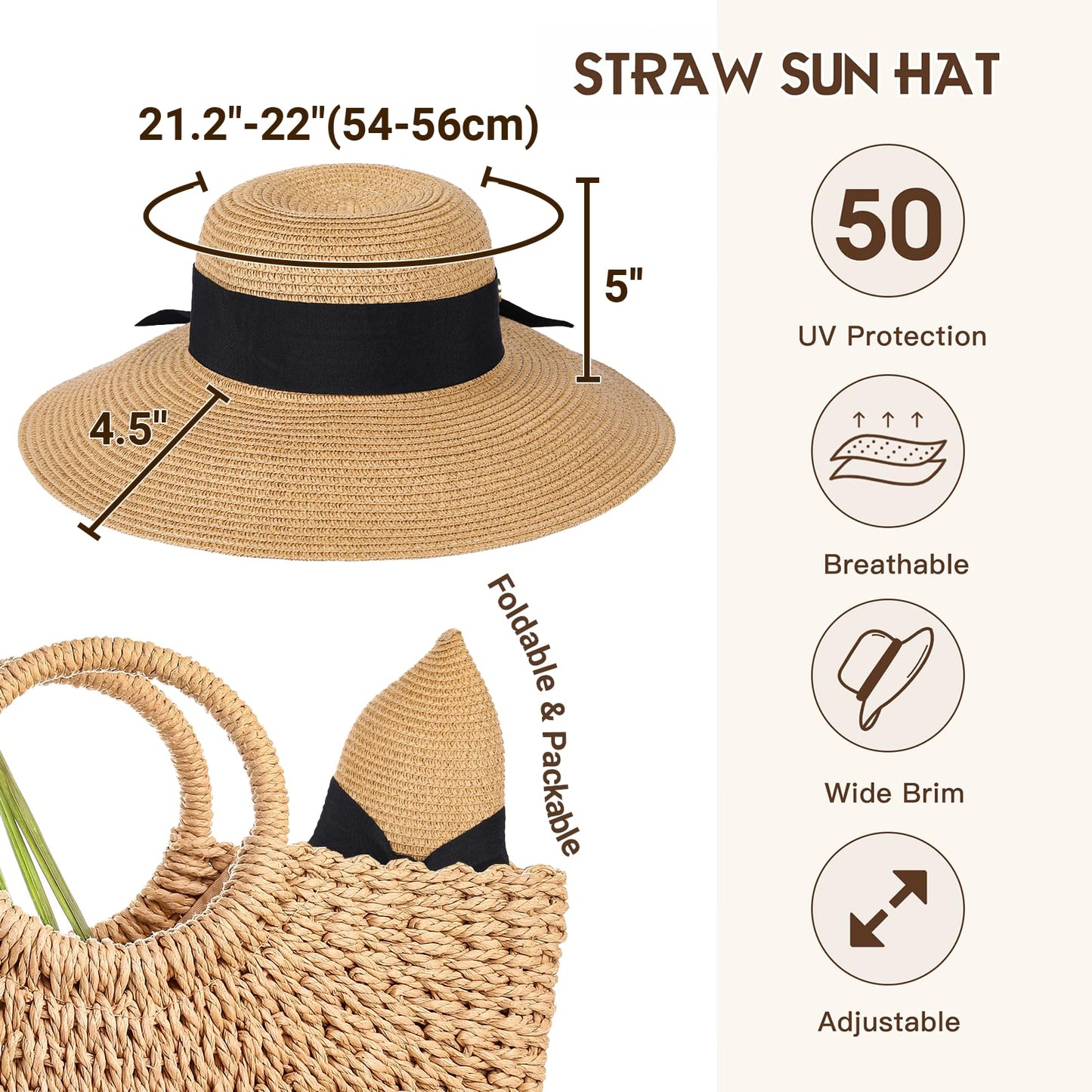 Beach Hats for Women, Wide Brim Sun Hat for Women, UPF 50+ UV Sun Protection Sun Straw Hat Womens, Floppy Sun Hat Foldable Roll up Cap A-Khaki