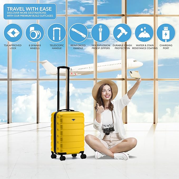 Carry On Suitcase Hardside Built In TSA Lock & USB Port Silent Double Spinner Wheels Maximum Overhead Carry-On Bag For American & United Approved Airlines( 22x14x9" ,Yellow )