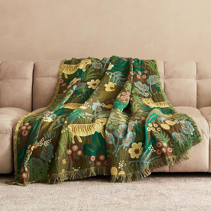 Boho Throw Blanket for Bed 100% Cotton Ultra Soft Rustic Quilt Fall Blanket Forest Tiger Printed Farmhouse Decor Bed Blankets,60"×80" All Season Rustic Throw for Sofa Couch Chair