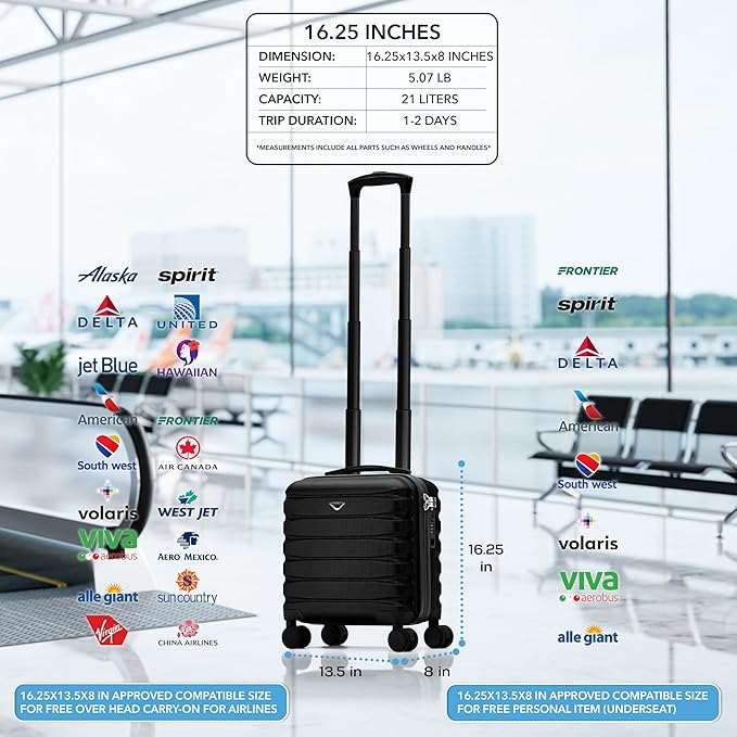 Carry On Suitcase Hardside TSA Lock & USB Port Silent Double Spinner Wheels Maximum Underseat Carry-On Bag For Virgin & South West Approved Airlines( 16.25x13.5x8" ,Black )