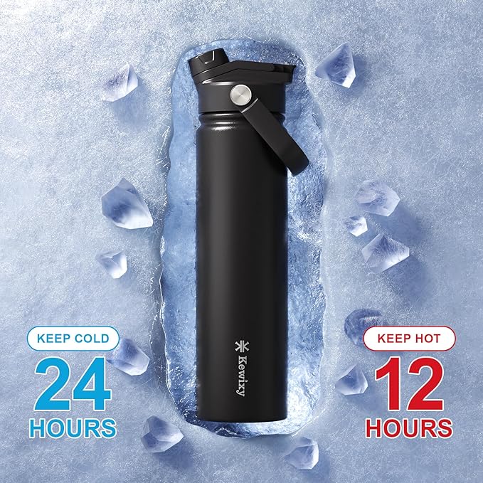 24 oz Insulated Water Bottle, 2-in-1 Lid, Straw & Spout with Protected, Leak Proof, Keep Cold, Stainless Steel, Metal, Reusable, Handle, for Travel, Gym and School, 2 Lids, Midnight Black