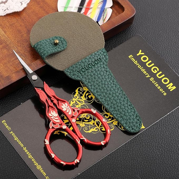 Antique Embroidery Scissors with Case, Needlework Scissors for Sewing Crafting Cross Stitch Crochet Yarn, Detail Shears Threading Snips Vintage Golden Red