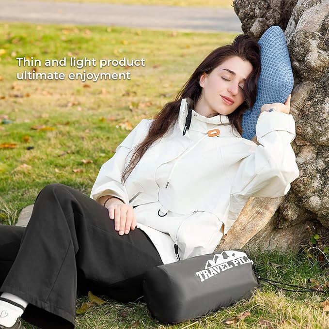 Travel Pillow Memory Foam Pillows, Camping Pillow-Compressible Medium Firm, Breathable Cover, Ideal Backpacking Hiking, Bed Pillows, Airplane and Car (Blue, M)