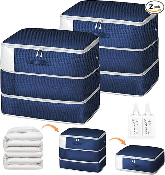 Comforter Storage Bag - Large Capacity Blanket Storage Bags 3-Layer Ultra Space Saving Self Compression Organizer, Washable Compression Bags for Storage Comforter Blanket, 2-Pack, Navy Blue