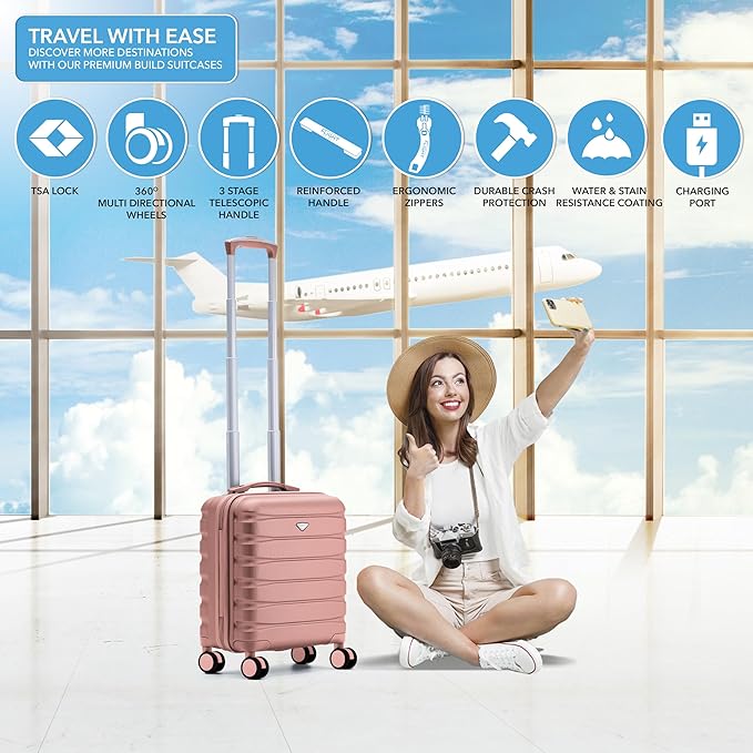 Carry On Suitcase Hardside Built In TSA Lock & USB Port Silent Double Spinner Wheels Maximum Underseat Carry-On Bag For American & United Approved Airlines( 18x14x8" ,Pink )