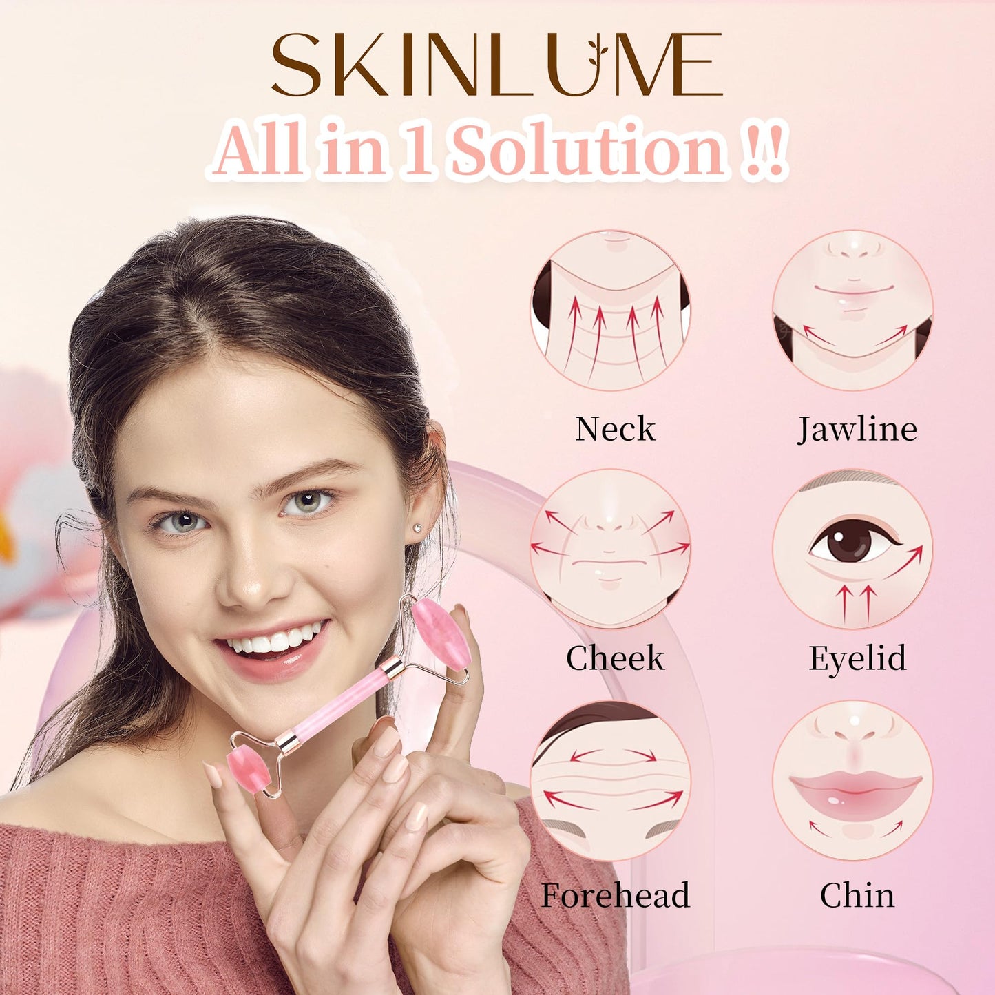 SkinLume Jade Roller Gua Sha Facial Tool - for Face Neck Eye Jawline, Reduce Puffiness and Tension, Gift Set for Men Woman 100% Natural Jade Stone (Pink)