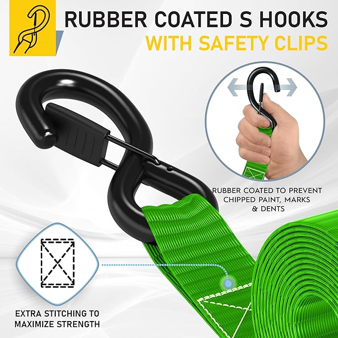 AUGO Heavy Duty Ratchet Straps & Soft Loops – Pack of 4 Extra Strong 1.5” by 15’ Ratchet Straps w/S-Hook Safety Latches & 4 Soft Loop Tie Downs – 4400Lb Break Strength for Motorcycles, ATVs, Etc.