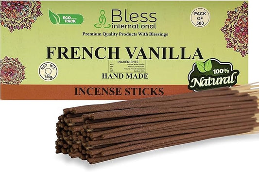 Bless-French-Vanilla 100%-Natural-Handmade-Hand-Dipped-Incense-Sticks Organic-Chemicals-Charcoal-Free Purification-Relaxation-Positivity-Yoga-Meditation Best-Woods-Scent (500 Sticks(26 OZ))
