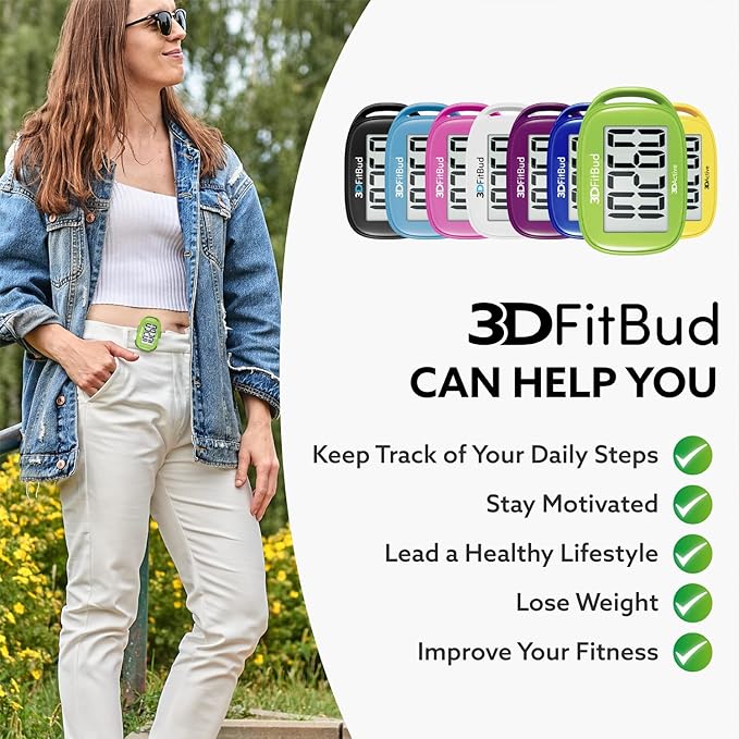 3DFitBud Simple Step Counter Walking 3D Pedometer by 3DActive with Clip, Lanyard Accurate Fitness Tracker for Men, Women & Elderly Daily Exercise - A420S