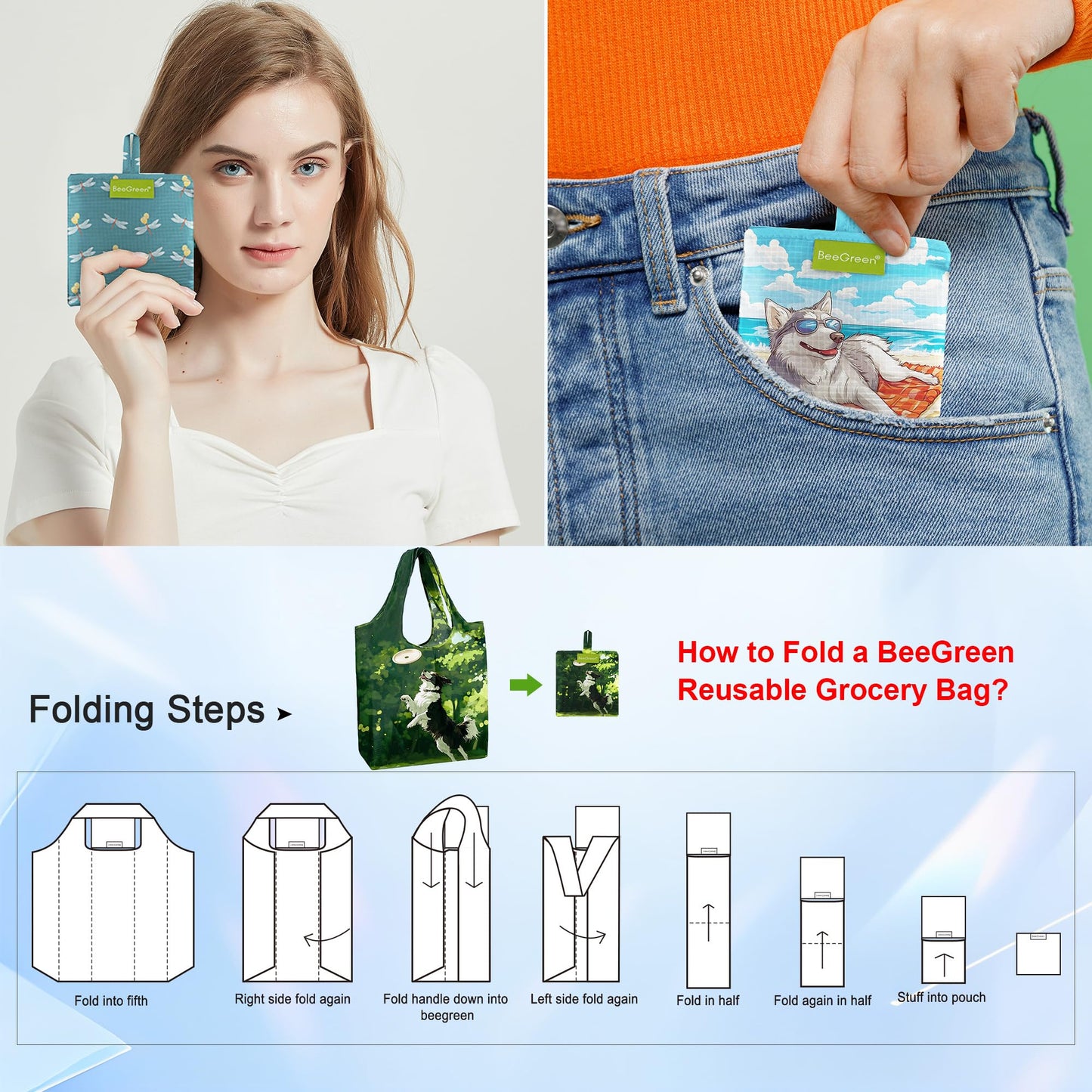 BeeGreen Reusable Grocery Bags 6 Pack, Heavy Duty Totes for Women, Foldable Grocery Bag Large Shopping Totes with Handles for Work, Travel, Gift, Store, Polyester Washable Reusable Tote Bag