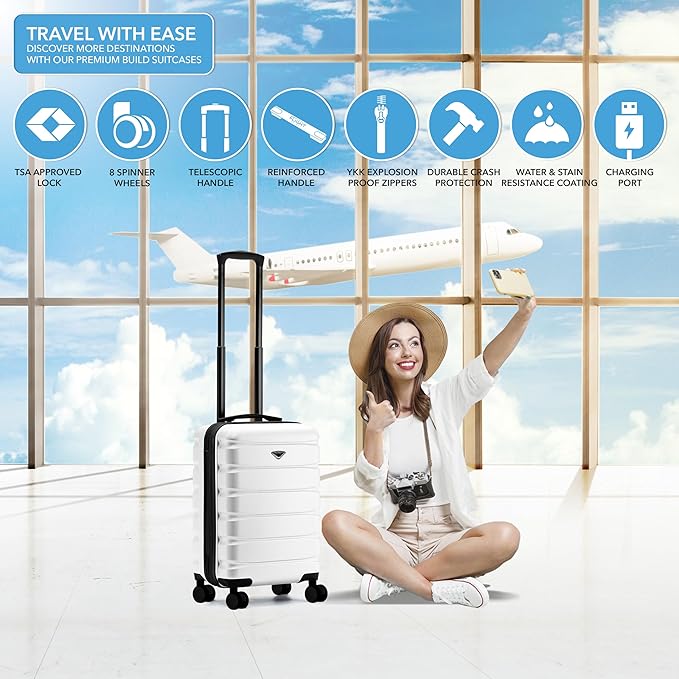 Carry On Suitcase Hardside TSA Lock & USB Port Silent Double Spinner Wheels Maximum Carry-On Bag For Canada Air Approved Airlines( 21.5x15.5x9" ,White )