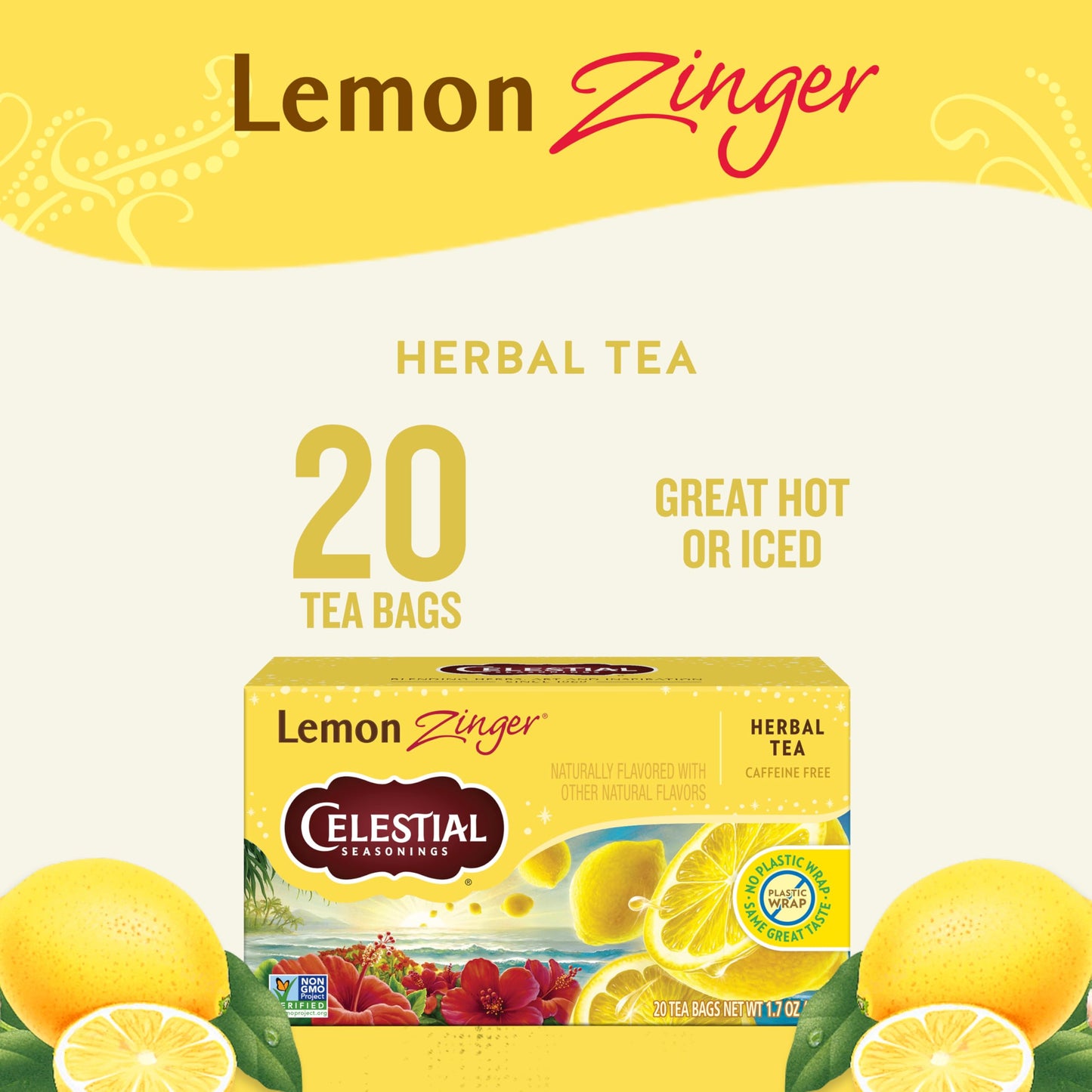 Celestial Seasonings Lemon Zinger Herbal Tea, Caffeine Free, 20 Tea Bags Box