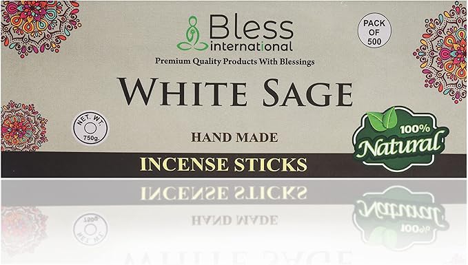Bless-White-Sage 100%-Natural-Handmade-Hand-Dipped-Incense-Sticks Organic-Chemicals-Charcoal-Free Purification-Relaxation-Positivity-Yoga-Meditation Best-Woods-Scent (500 Sticks (26 OZ))
