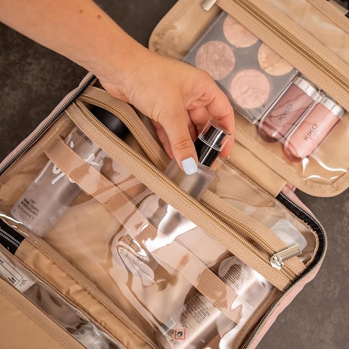 Carrywell |Not Made In China| Hanging Toiletry Travel Bag For Women, Makeup Organizer Case, Water-Resistant Cosmetic Bag For Full-size Containers, Toiletries (Pink, Small)