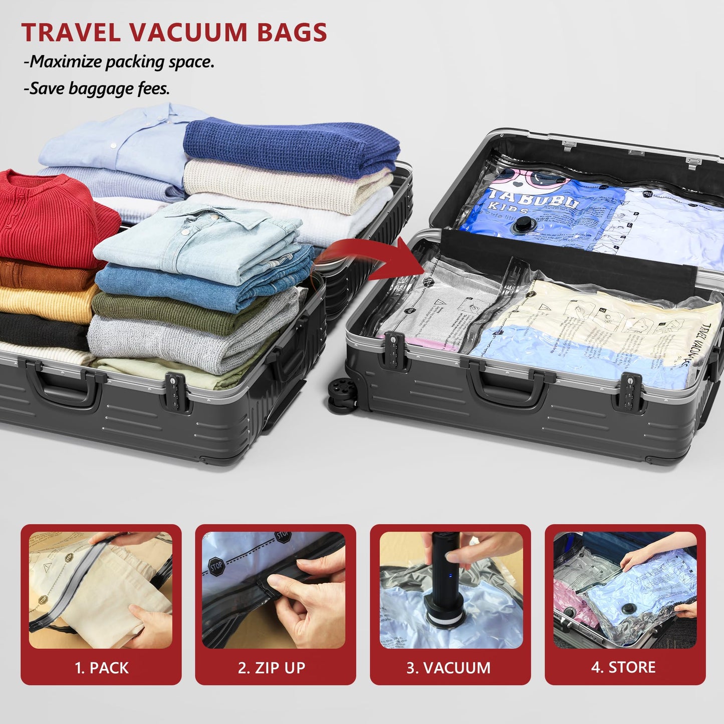SUOCO 18 Pack Travel Vacuum Bags for Clothing with Rechargeable Electric Pump, Compression Seal Packing Cubes for Luggage Suitcase Backpack, Carry-on Size Space Saver Storage Bags for Vacation Cruise