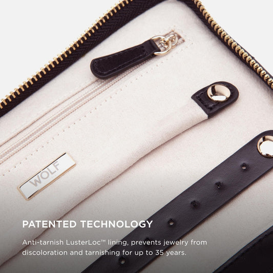 WOLF Caroline Jewelry Portfolio, Black - 13 Earring Holes, One Ring Roll, Two Compartments, Four Necklace Holders & Pocket - Anti-Tarnish LusterLoc Lining