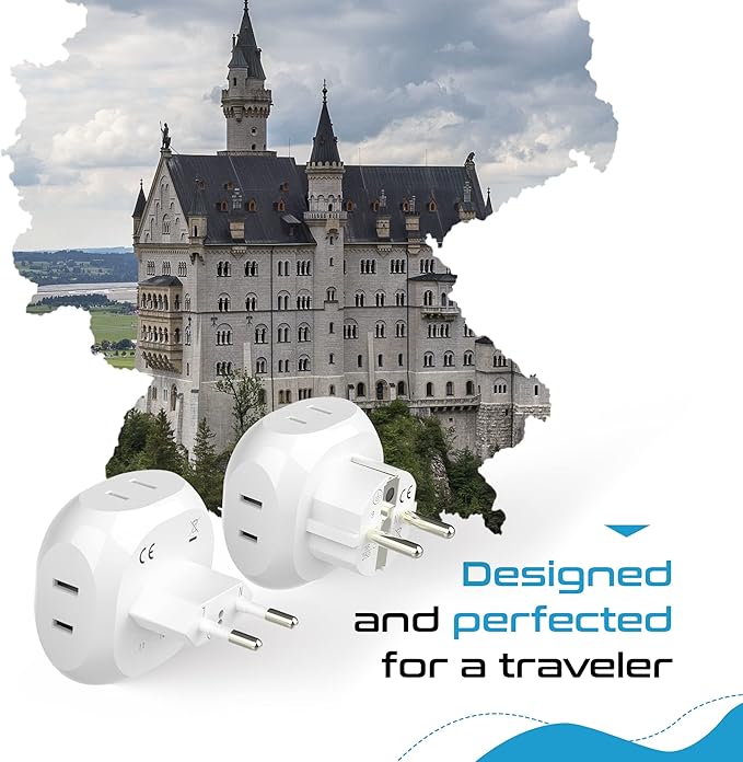 Ceptics Europe Travel Adapter Plug Set Schuko - 4 Input - Ultra Compact - Light Weight Type C, Type E/F - USA to Any Type C E/F Countries Such as Germany, France- 4 Pack (PT-9-9C-4PK),White