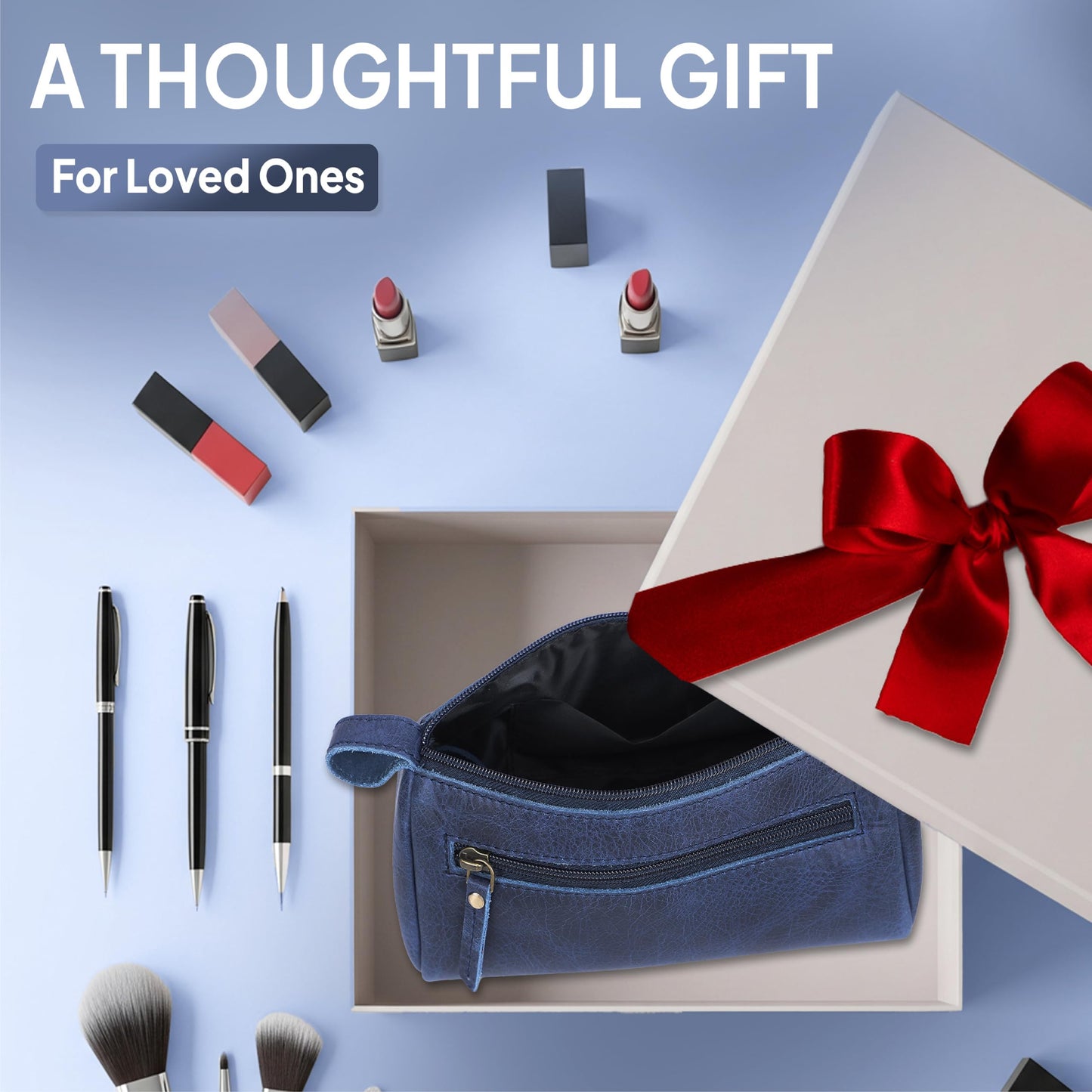 TheAntiq Leather Cosmetic Bags For Men and Women Travel Set HandCrafted Leather Makeup Bag, Small Toiletry Bag, Makeup Essentials Organiser Mini Cosmetic Pouch For Purse Dopp Kit