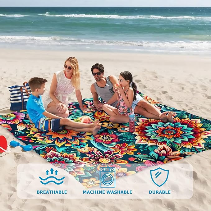 Beach Blanket Waterproof Sandproof, Bohemian Flowers Oversized Extra Large Beach Mat 83"×95"/8 × 7 FT for 1-7 Adults for Picnic Travel Hiking, Quick Drying Lightweight Camping Vacation Essentials